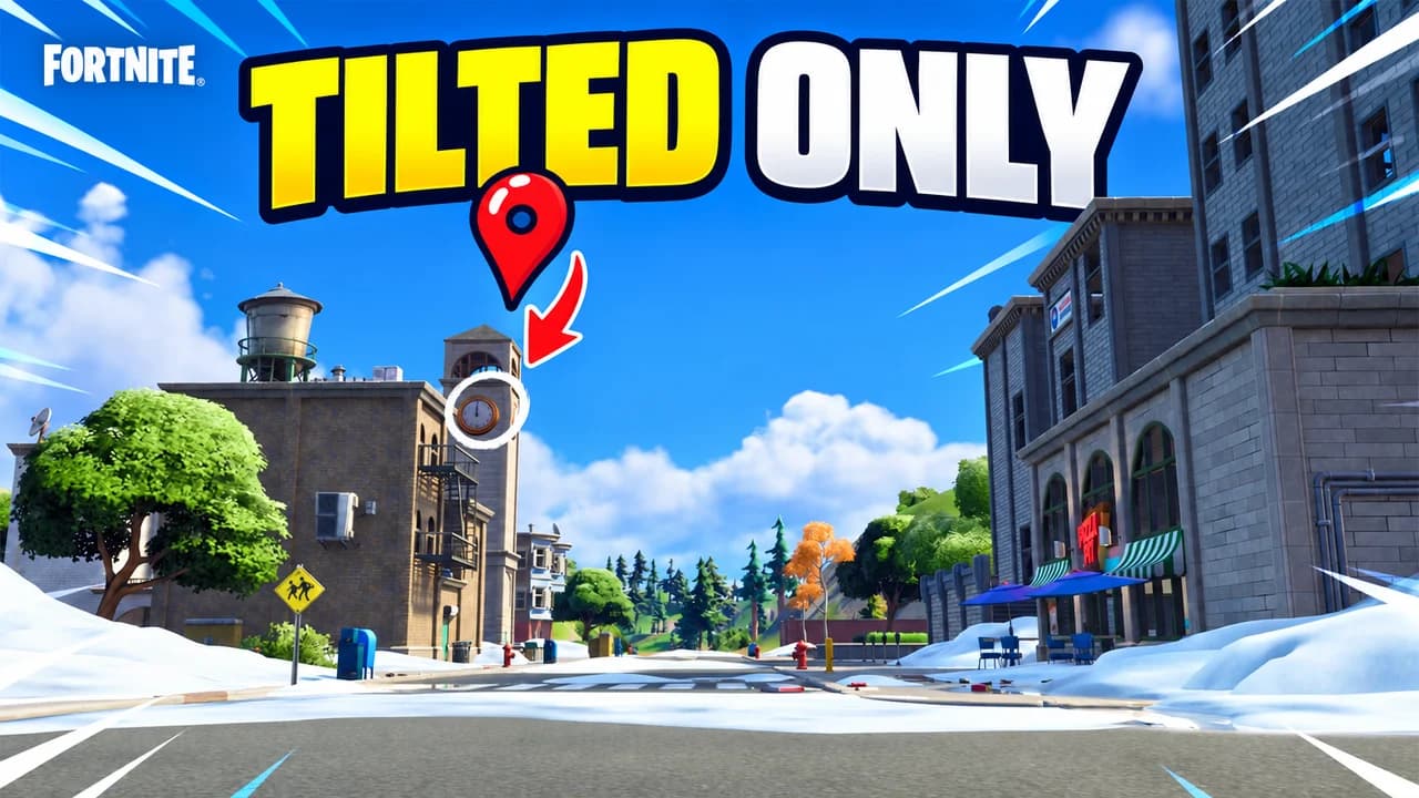 Fortnite thumbnail: aerial view of Tilted Towers mid-fight with gliders landing and a skin on the clock tower