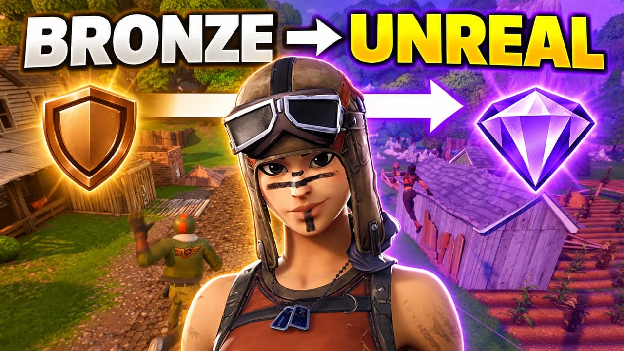 Fortnite thumbnail: Renegade Raider split in two, a grey Bronze rank badge on the left and a glowing Unreal badge on the right