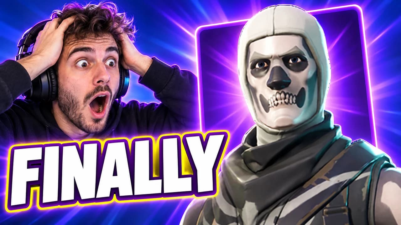 Fortnite thumbnail: an invented streamer with a headset gasping next to the item shop showing a returning Skull Trooper skin