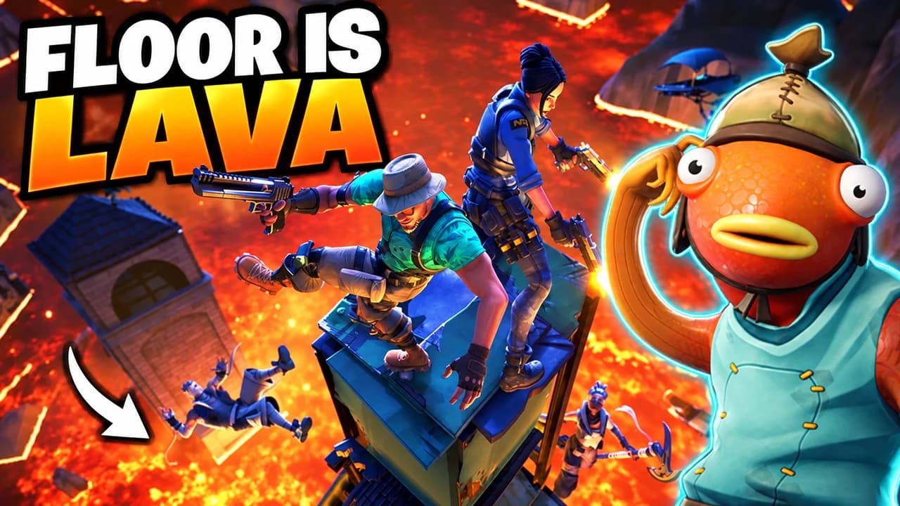 Fortnite thumbnail: Fishstick balancing on the last wooden platform above rising lava in a Creative map