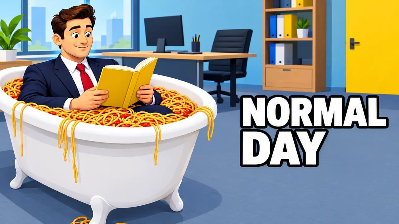 Funny thumbnail, deadpan layout: a man in a suit sitting calmly in a bathtub of spaghetti in an office, text NORMAL DAY