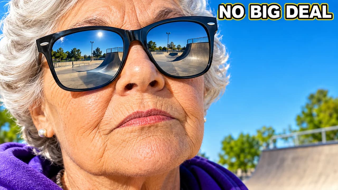 Funny thumbnail, deadpan layout: extreme close-up of a stone-faced grandmother in sunglasses, a skatepark in the lenses, text NO BIG DEAL