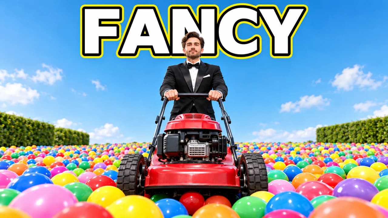 Funny thumbnail, deadpan layout: a man in a tuxedo mowing a lawn of ball-pit balls straight at the camera, one big word FANCY above