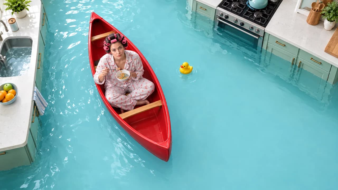 Funny thumbnail, deadpan layout: top-down view of a flooded kitchen, a tiny woman eating cereal in a red canoe, no text
