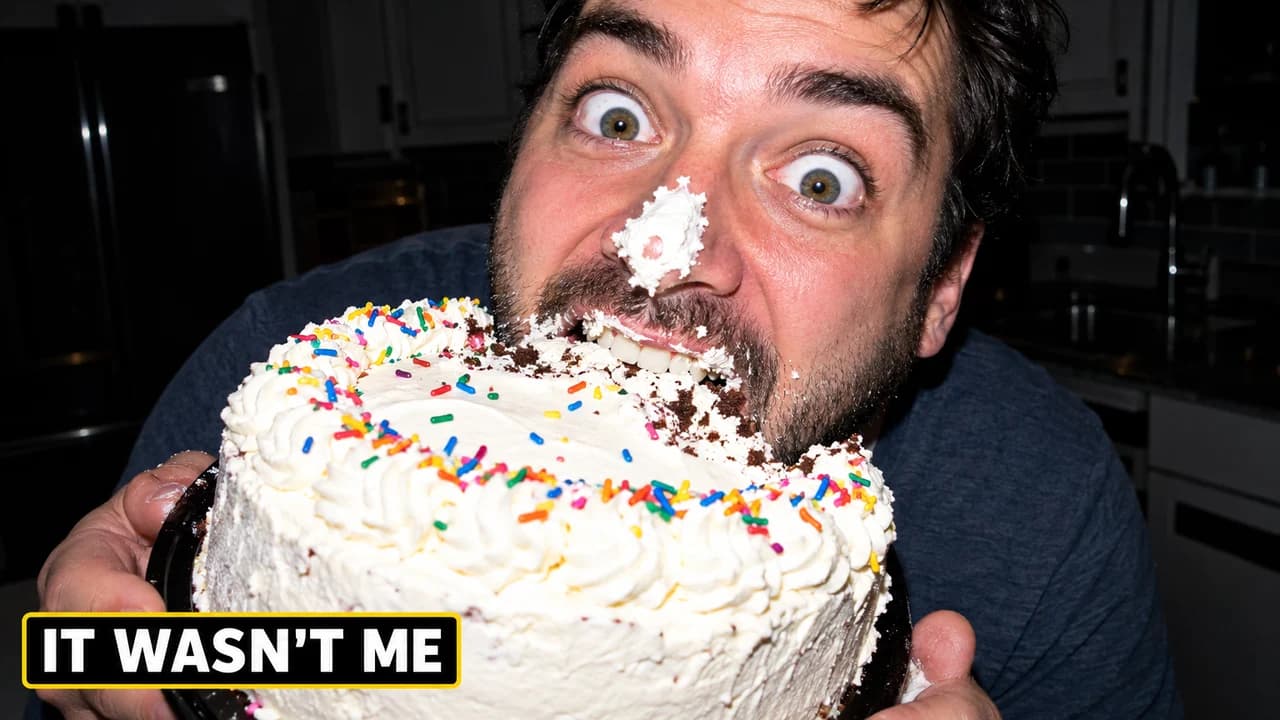 Funny thumbnail, caught layout: extreme close-up of a man mid-bite of a birthday cake in a camera flash, text IT WASN'T ME