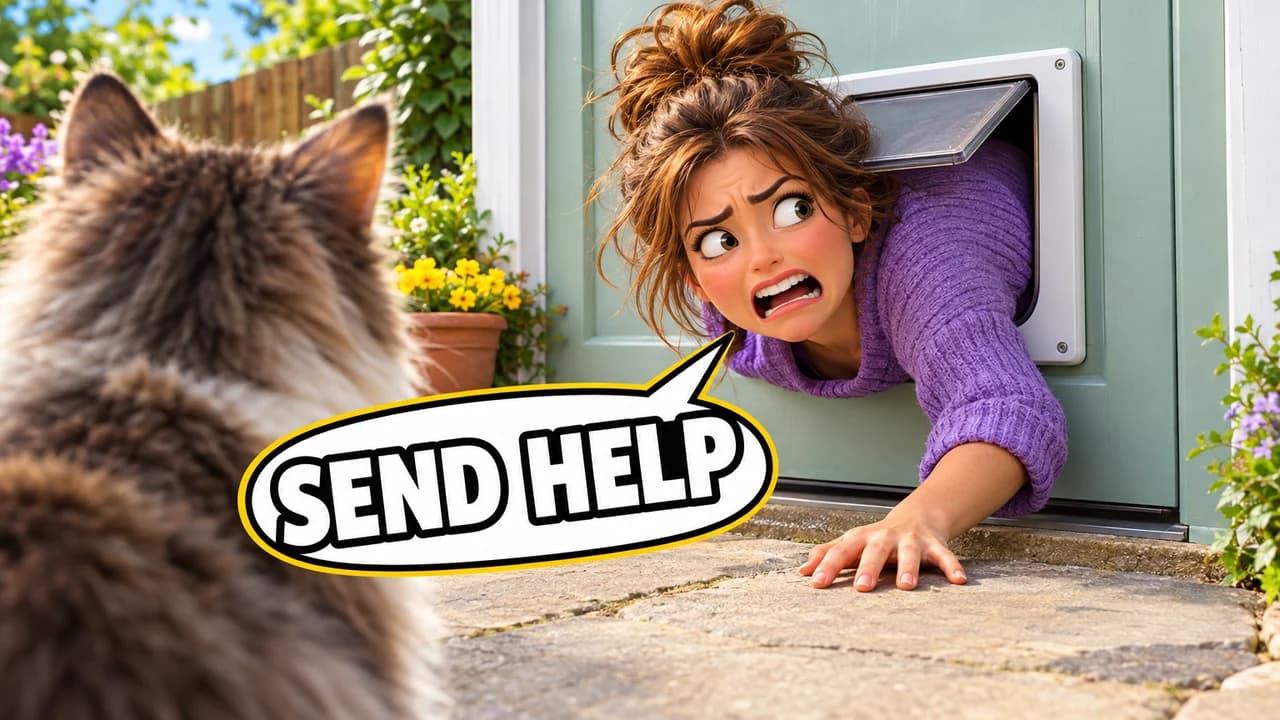 Funny thumbnail, caught layout: over-the-shoulder shot past a fluffy cat at a woman stuck in a cat flap, speech bubble SEND HELP