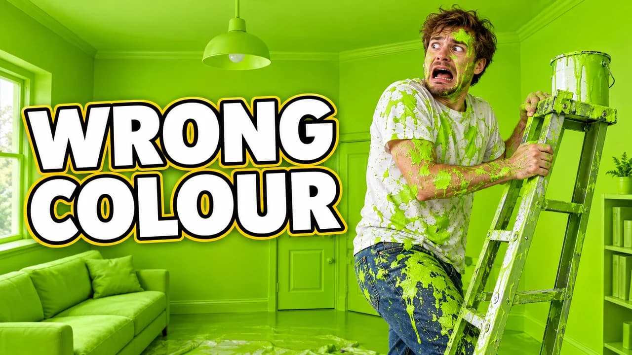 Funny thumbnail, caught layout: a man on a ladder covered in lime-green paint in a room painted lime by mistake, text WRONG COLOUR