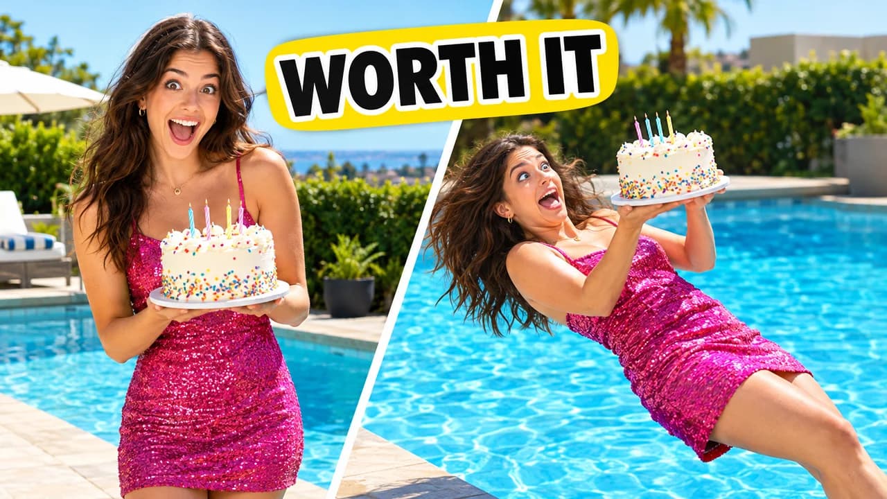 Funny thumbnail, caught layout: diagonal before-after of a woman holding a cake by a pool, then falling in with the cake safe, sticker WORTH IT