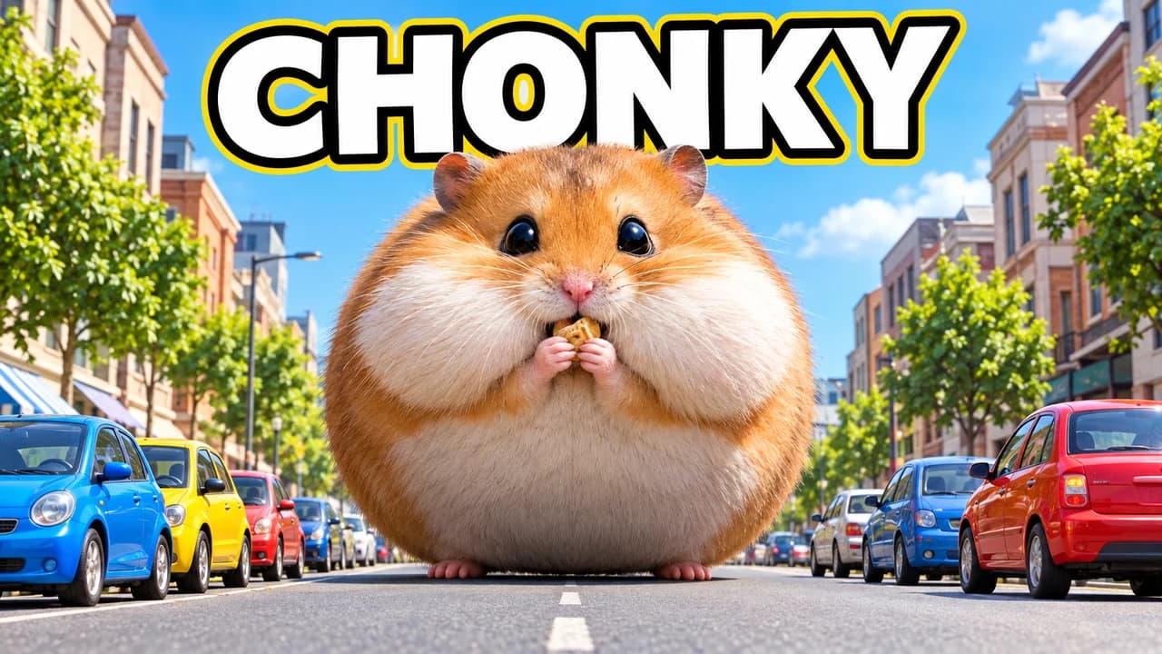 Funny thumbnail, wrong scale layout: a hamster as big as a bus dead centre in a city street, one big word CHONKY above it