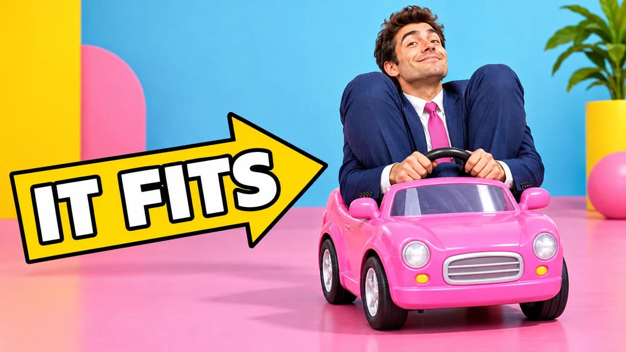 Funny thumbnail, wrong scale layout: a tall man squeezed into a tiny pink toy car, a yellow arrow with the text IT FITS