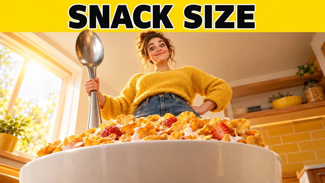 Funny thumbnail, wrong scale layout: low-angle shot of a woman with a giant spoon over a bathtub-sized cereal bowl, banner SNACK SIZE
