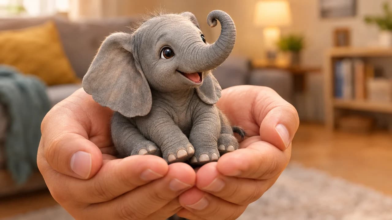 Funny thumbnail, wrong scale layout: extreme close-up of cupped hands holding a grey elephant the size of a kitten, no text