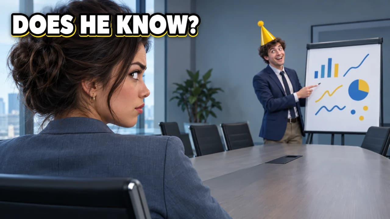 Funny thumbnail, side-eye layout: over-the-shoulder shot of a woman side-eyeing a coworker in a party hat at a meeting, label DOES HE KNOW