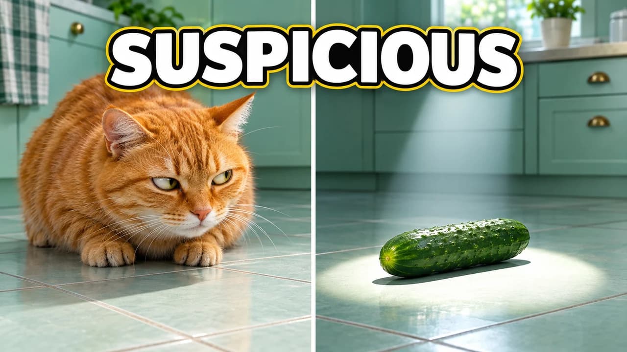 Funny thumbnail, side-eye layout: split screen of a ginger cat side-eyeing a cucumber on the kitchen floor, text SUSPICIOUS