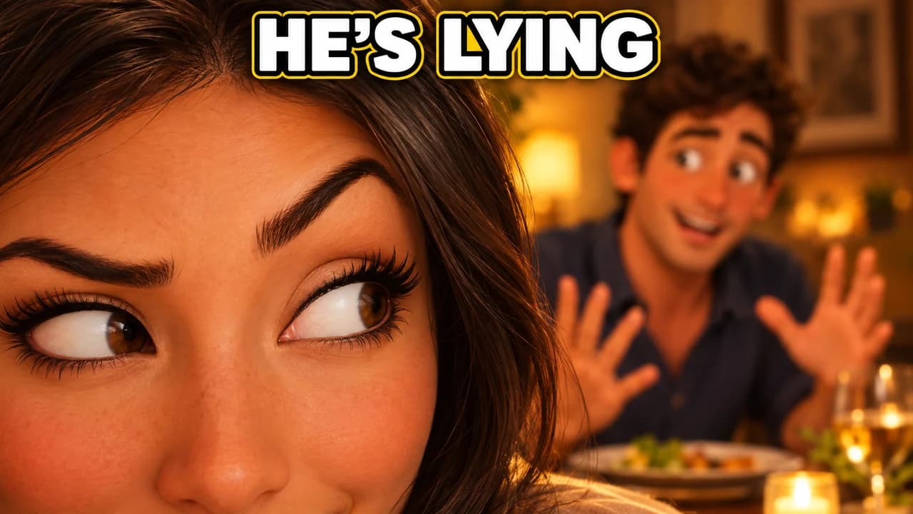 Funny thumbnail, side-eye layout: extreme close-up of a woman's eyes side-eyeing a man telling a story at dinner, text HE'S LYING