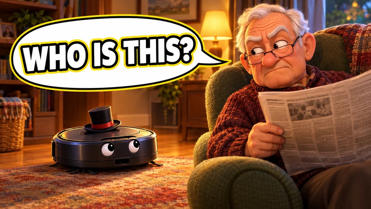 Funny thumbnail, side-eye layout: a grandfather in an armchair side-eyeing a robot vacuum in a top hat, speech bubble WHO IS THIS