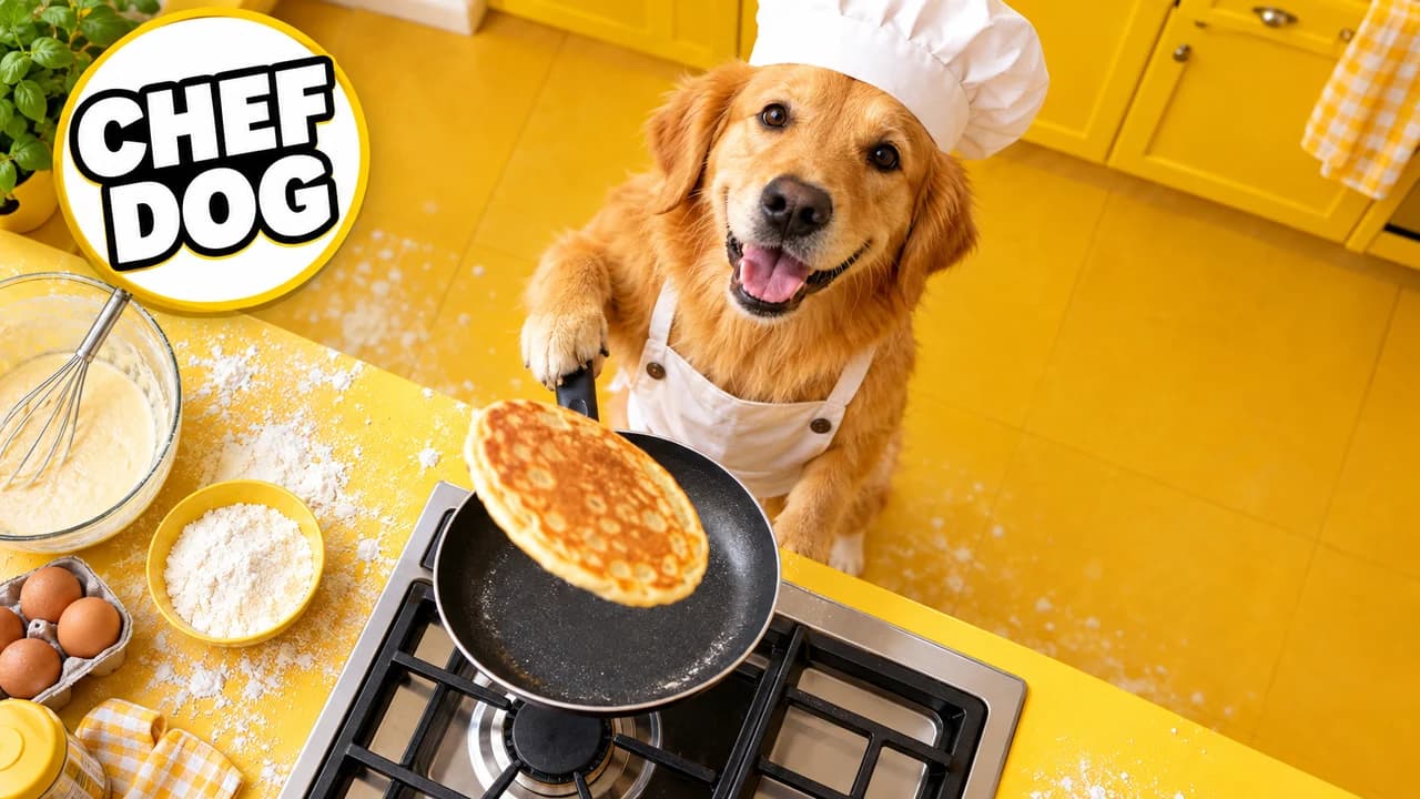 Funny thumbnail, animal in charge layout: top-down view of a golden retriever in a chef hat flipping a pancake, sticker CHEF DOG