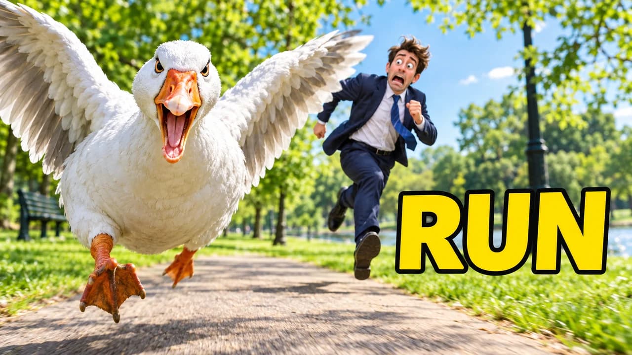 Funny thumbnail, animal in charge layout: a furious goose charging with wings spread, a man in a suit fleeing behind, text RUN