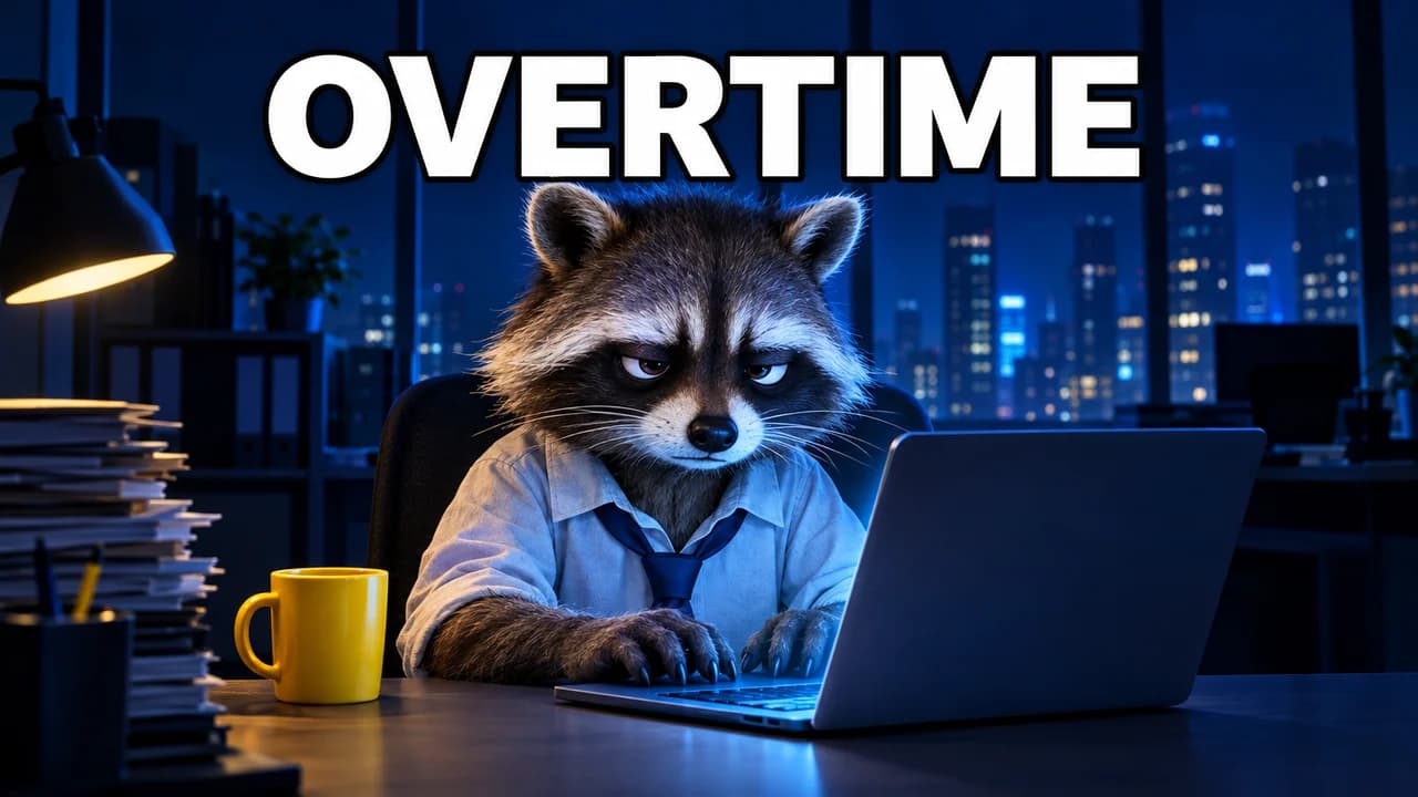 Funny thumbnail, animal in charge layout: a raccoon in a tie dead centre at a desk in a dark office at night, one big word OVERTIME