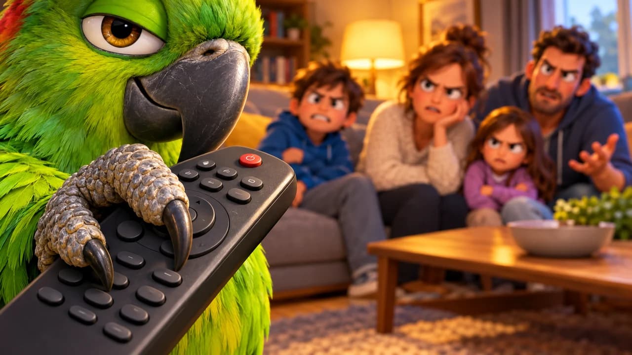 Funny thumbnail, animal in charge layout: extreme close-up of a parrot's claw gripping a TV remote, an annoyed family blurred behind, no text