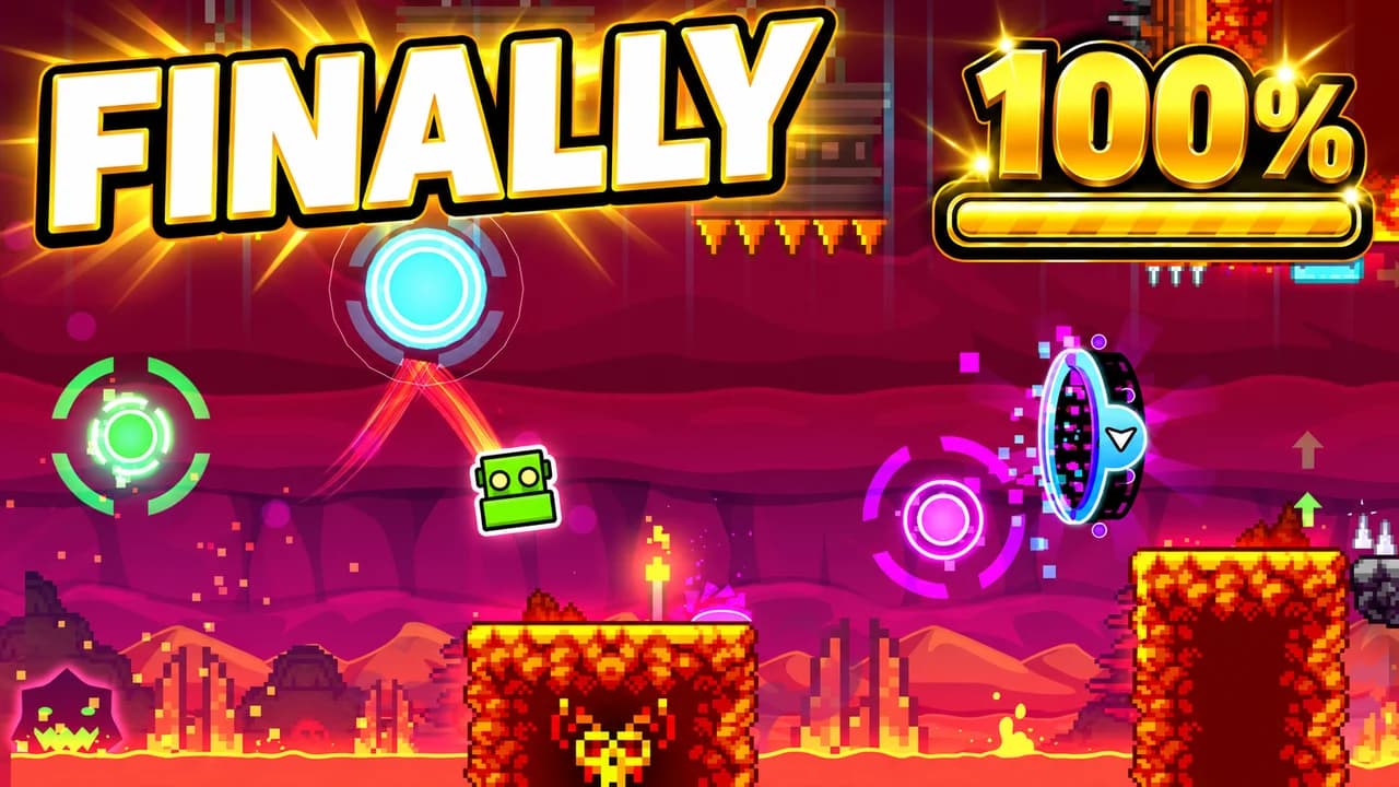 Geometry Dash thumbnail: a green cube jumping between glowing orbs over red lava blocks, a gold 100% badge with a full bar, text FINALLY