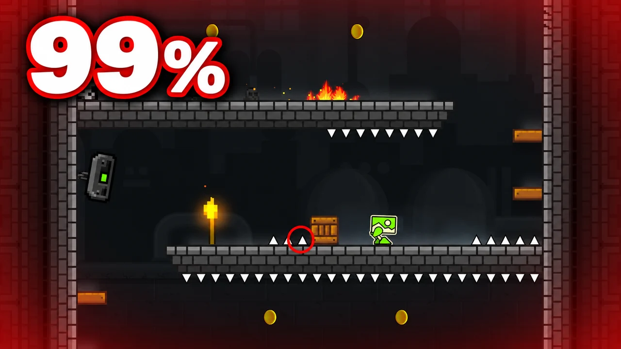 Geometry Dash thumbnail: a green cube in a dark stone castle level, a small spike circled in red just ahead of it, text 99%