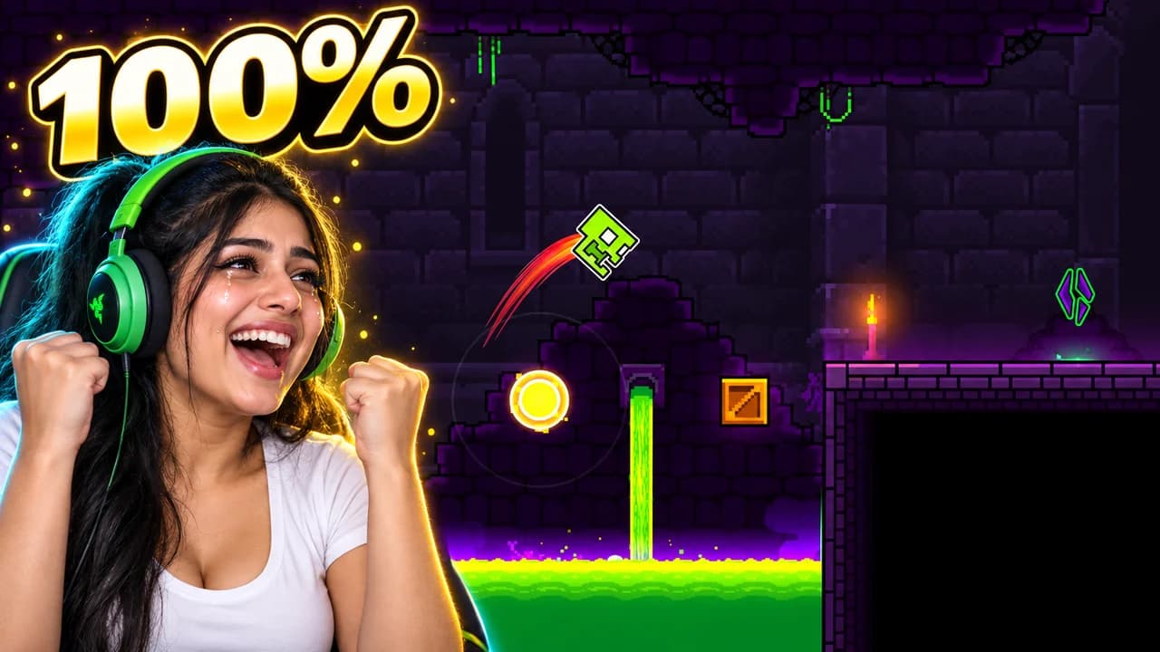 Geometry Dash thumbnail: an invented streamer in green headphones cheering, a green cube jumping over toxic slime in a purple castle level, text 100%