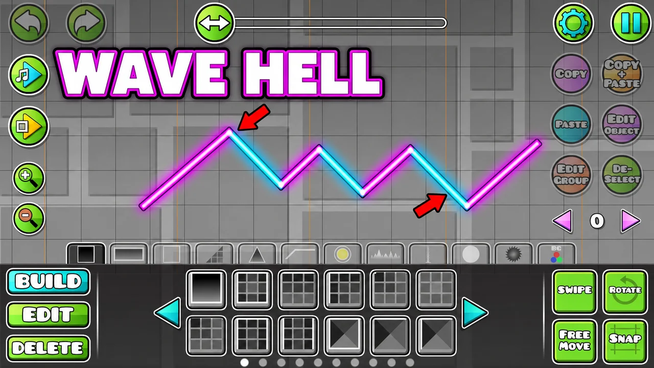 Geometry Dash thumbnail: the level editor with its Build, Edit and Delete buttons, a neon zig-zag wave path and two red arrows, text WAVE HELL
