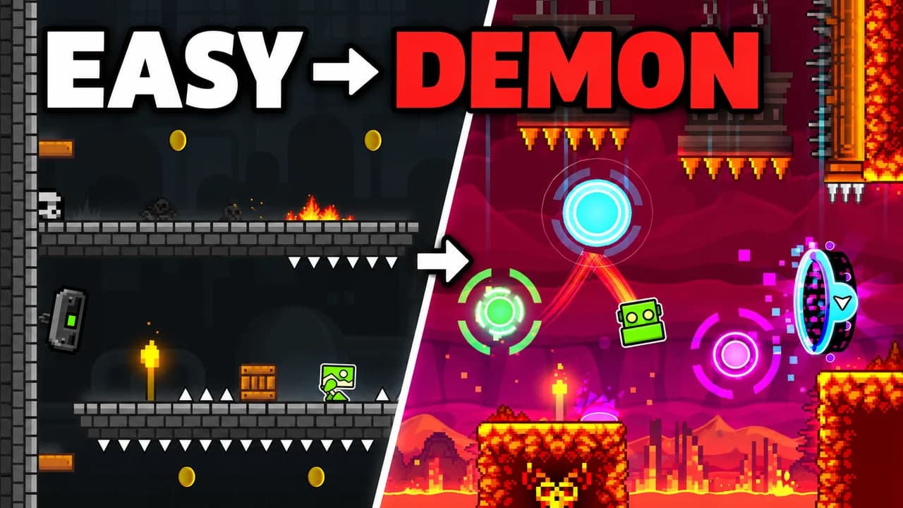 Geometry Dash thumbnail: a grey castle level with a green cube on the left, a red lava level with orbs and a portal on the right, text EASY → DEMON