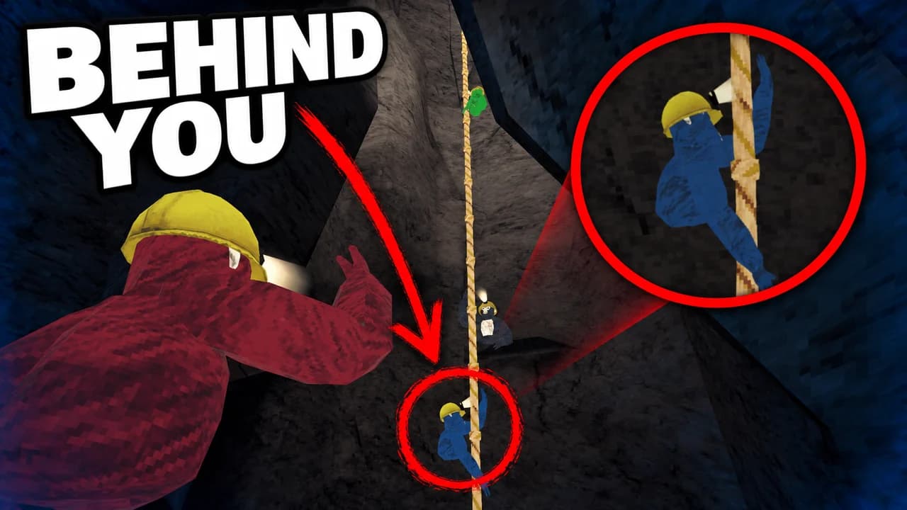 Gorilla Tag thumbnail: first-person VR hands with a flashlight in the Caves, a pale long-armed monke with white eyes right behind, text BEHIND YOU