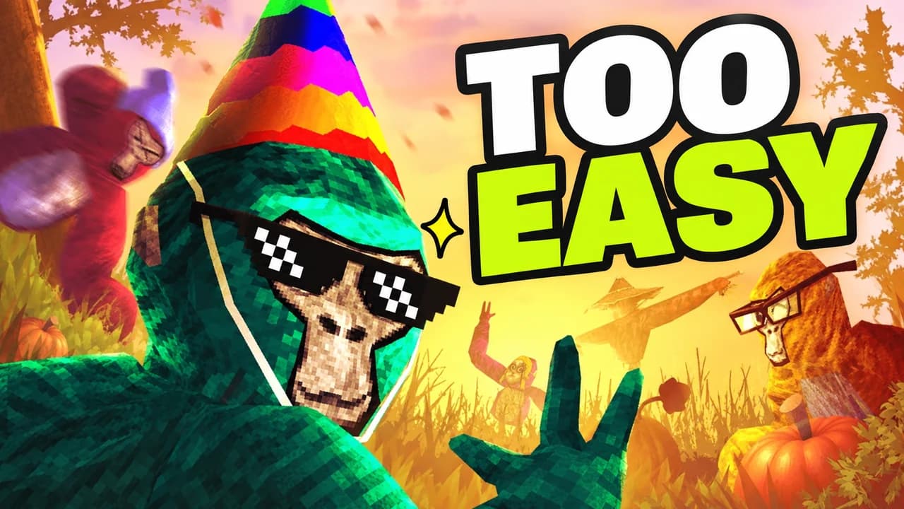 Gorilla Tag thumbnail: extreme close-up of a smug grey monke as pixel sunglasses drop onto its face, text TOO EASY