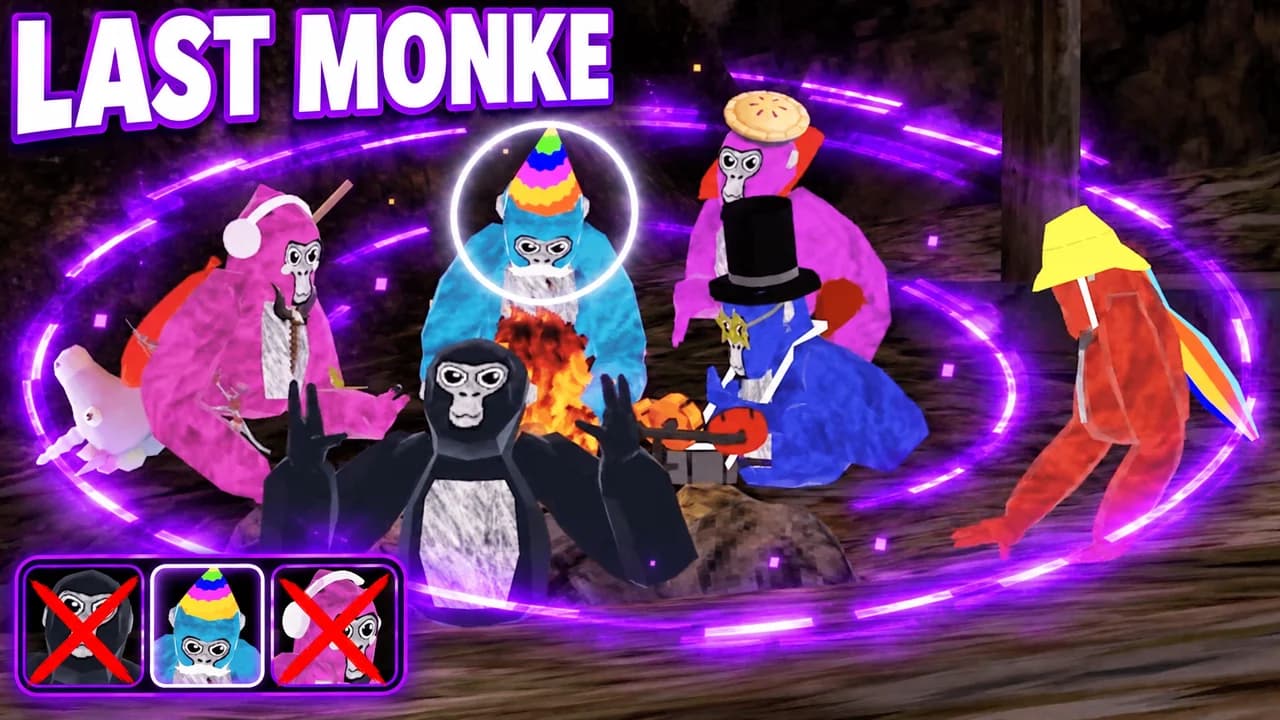 Gorilla Tag thumbnail: monkes gliding down onto the Forest map while a glowing storm ring closes in, text LAST MONKE