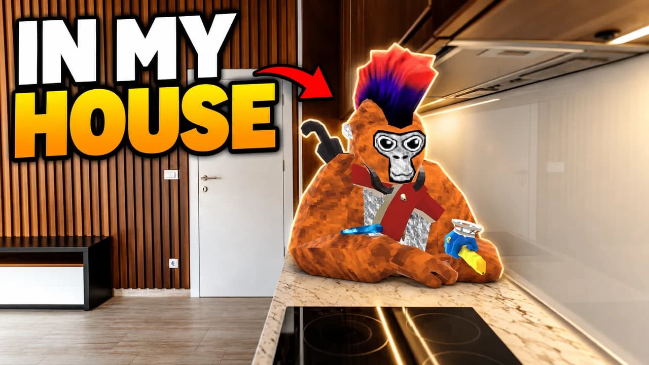 Gorilla Tag thumbnail: a yellow low-poly monke swinging from a ceiling lamp in a real living room through mixed reality, text IN MY HOUSE