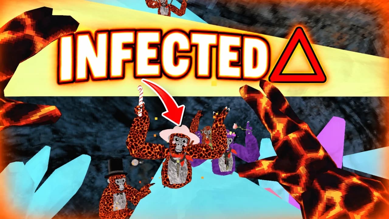Gorilla Tag thumbnail: a crowd of glowing lava monkes pouring out of the Caves entrance toward one ice-blue survivor, text INFECTED