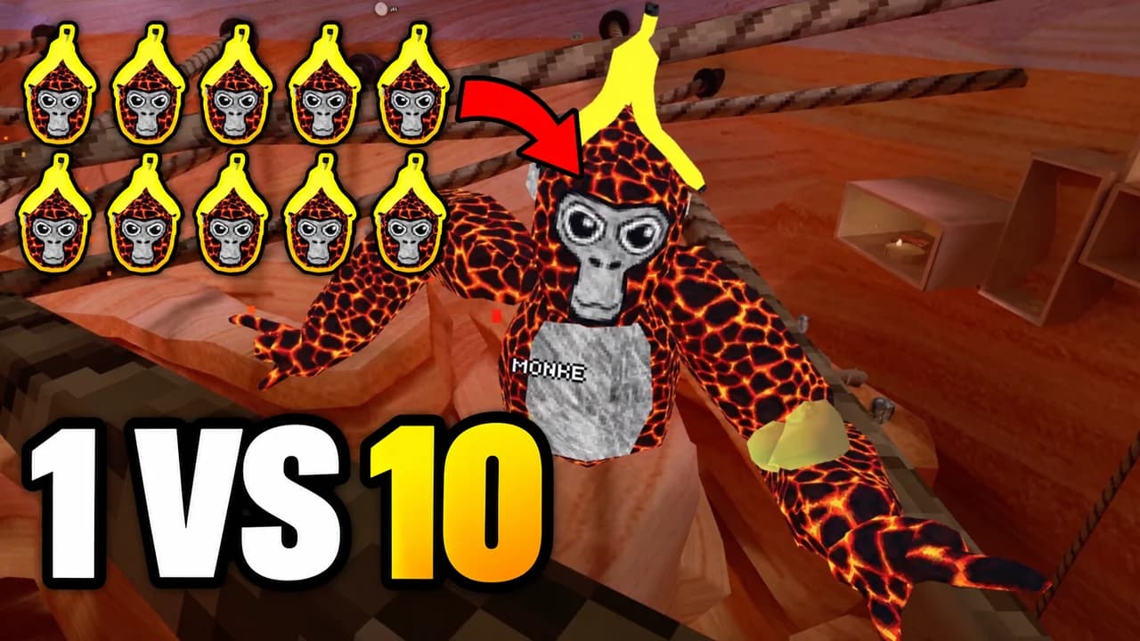 Gorilla Tag thumbnail: a huge red hunter monke in the foreground of the Canyons, ten tiny monkes fleeing behind it, text 1 VS 10