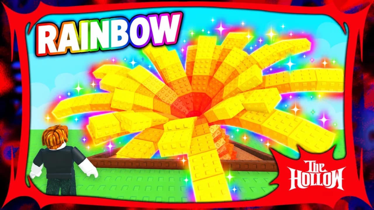 Grow a Garden thumbnail: a Roblox avatar looking up at a giant yellow flower with a rainbow glow and sparkles, inside a red frame, text RAINBOW