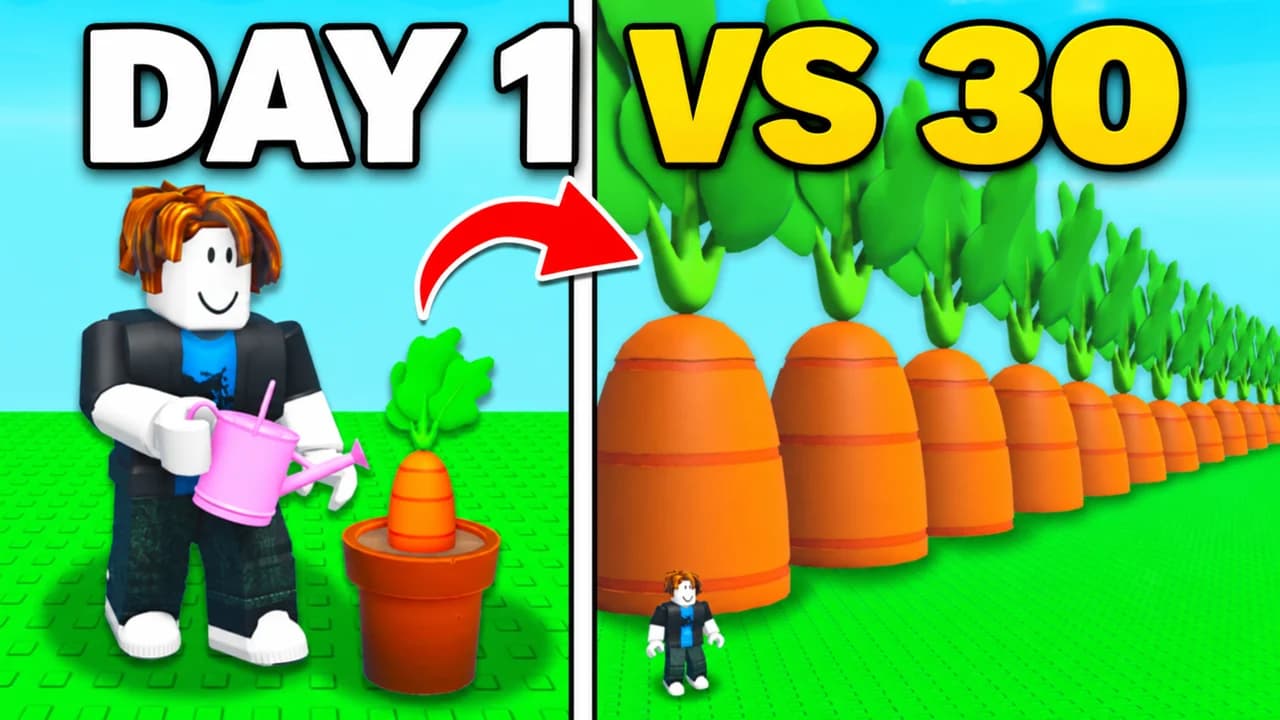 Grow a Garden thumbnail: a Roblox avatar watering one small carrot in a pot on the left, a row of giant carrots on the right, text DAY 1 VS 30