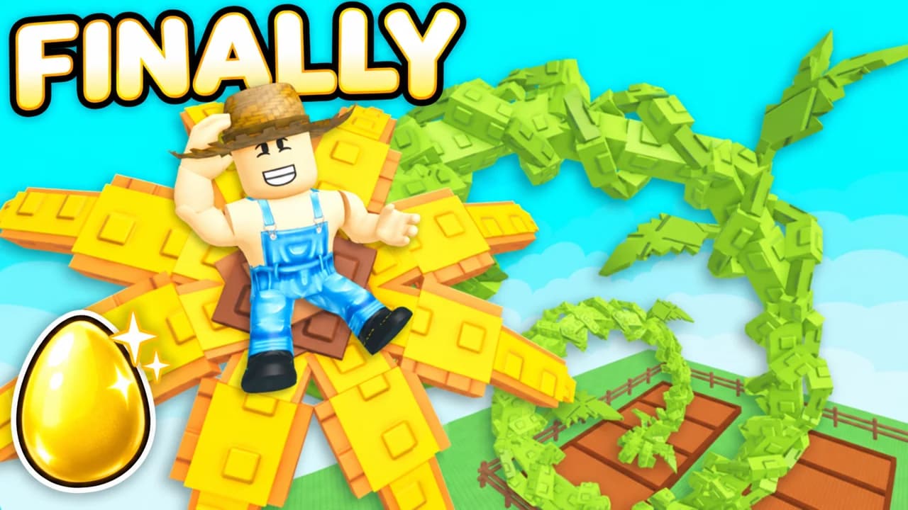 Grow a Garden thumbnail: a farmer avatar in overalls lying on a giant yellow flower next to a huge green vine, a shiny gold egg, text FINALLY
