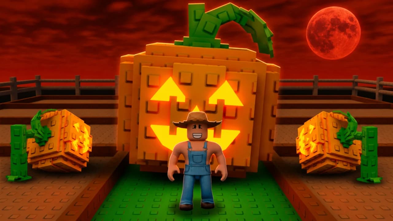 Grow a Garden thumbnail: a farmer avatar in front of a giant glowing jack-o-lantern, two smaller pumpkins and a red moon in a red sky, no text