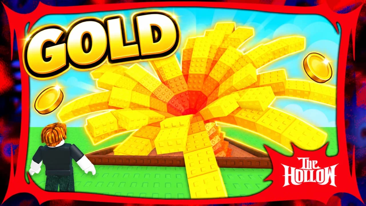 Grow a Garden thumbnail: a Roblox avatar looking up at a giant golden flower with gold coins flying, inside a red frame, text GOLD