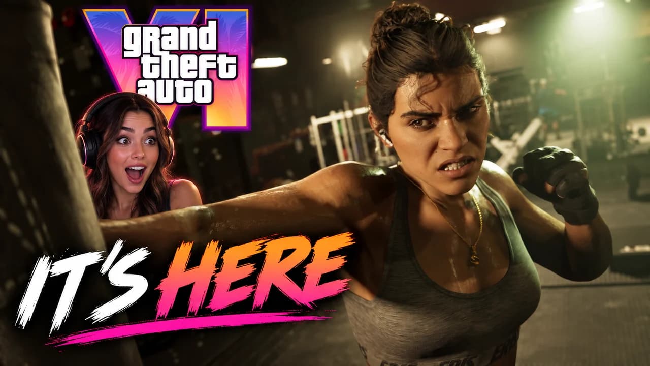 GTA 6 thumbnail: an invented streamer, jaw dropped, lit by Vice City at sunset with Jason and Lucia behind, text IT'S HERE