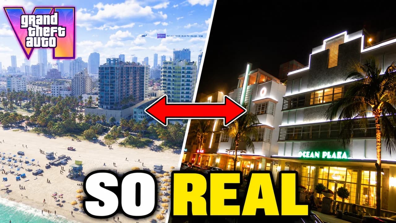 GTA 6 thumbnail: split of the Vice City beachfront in GTA 6 and the real Miami Beach with a red arrow between them, text SO REAL