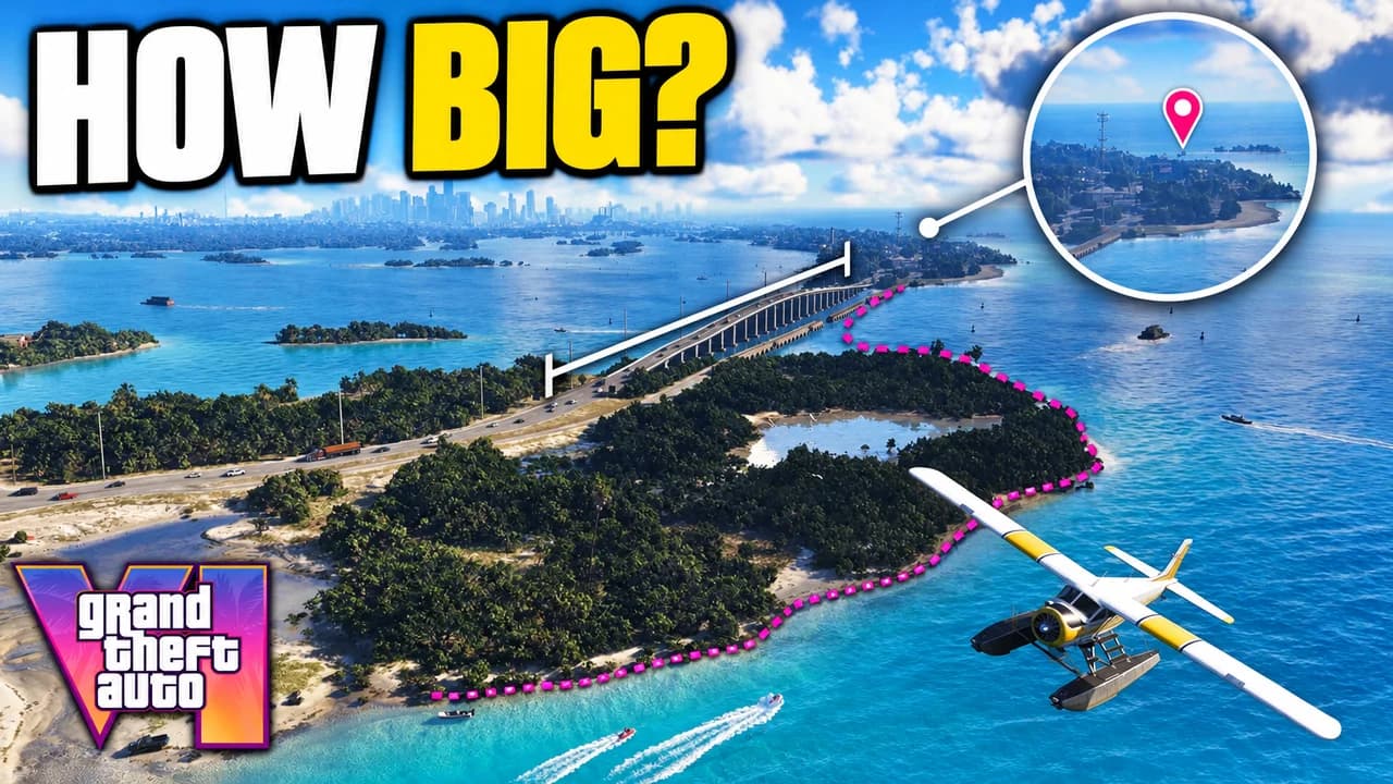 GTA 6 thumbnail: the full GTA 6 map of Leonida with the GTA 5 map laid over it for scale, text HOW BIG?