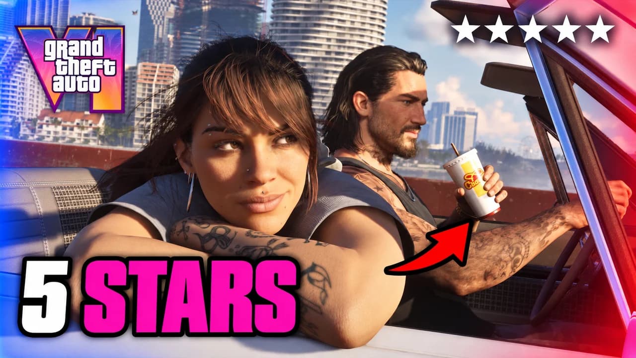 GTA 6 thumbnail: full gameplay shot of a sports car flying off a causeway, police cars and a helicopter behind, five wanted stars, text 5 STARS