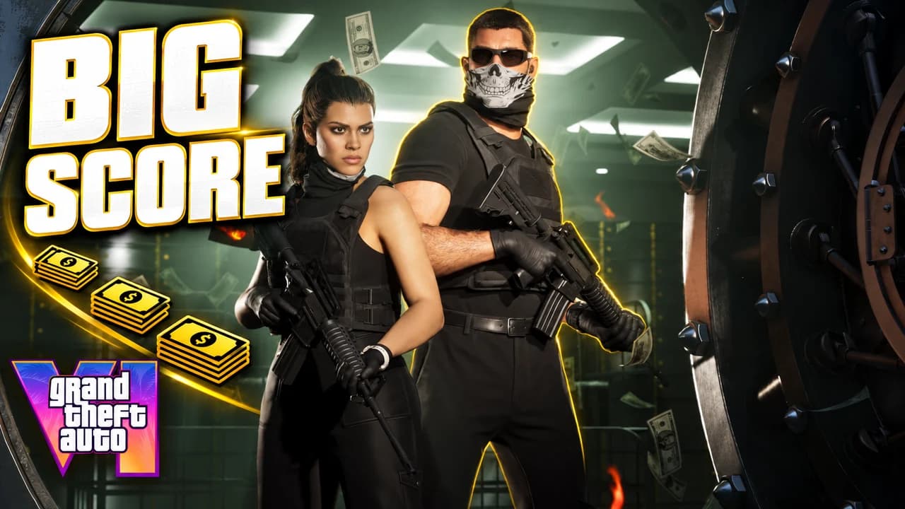 GTA 6 thumbnail: Lucia in a bank vault with a duffel bag of cash and gold bars, cold blue light, text BIG SCORE