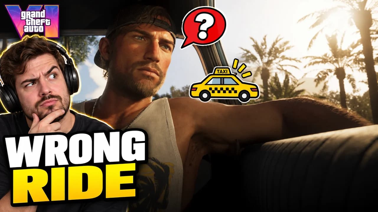 GTA 6 thumbnail: a GTA 6 taxi driver turning to a masked passenger holding a briefcase, neon streaks outside, text WRONG RIDE