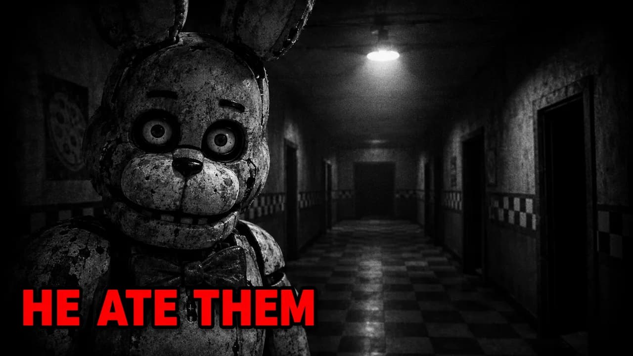 He ate them-style thumbnail: a grainy black and white robot rabbit mascot with a blank stare in a dark hallway, red text HE ATE THEM