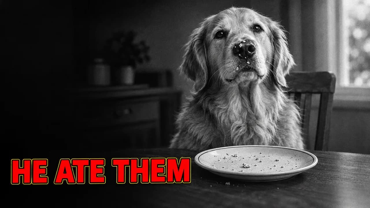 He ate them-style thumbnail: a black and white golden retriever next to an empty cookie plate, crumbs on its nose, red text HE ATE THEM