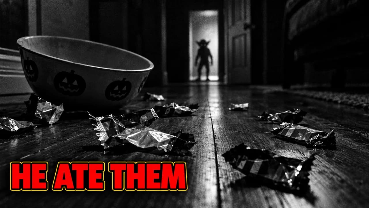 He ate them-style thumbnail: black and white candy wrappers by a tipped pumpkin bowl, a goblin silhouette in a doorway, red text HE ATE THEM