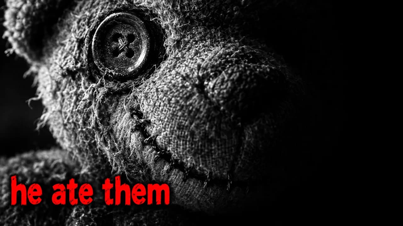 He ate them-style thumbnail: extreme close-up of a worn plush bear's button eye and stitched mouth in black and white, red text he ate them